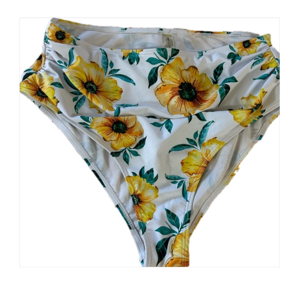 Rosegal High Waist White Bikini Bottom Tankini w Yellow, Brown & Green Floral 14